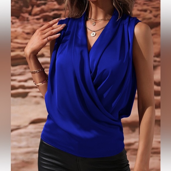 Luxe Satin Classic Ruched Overlap Sleeveless Office Work Top Blouse Shirt GREEN - Picture 8 of 16